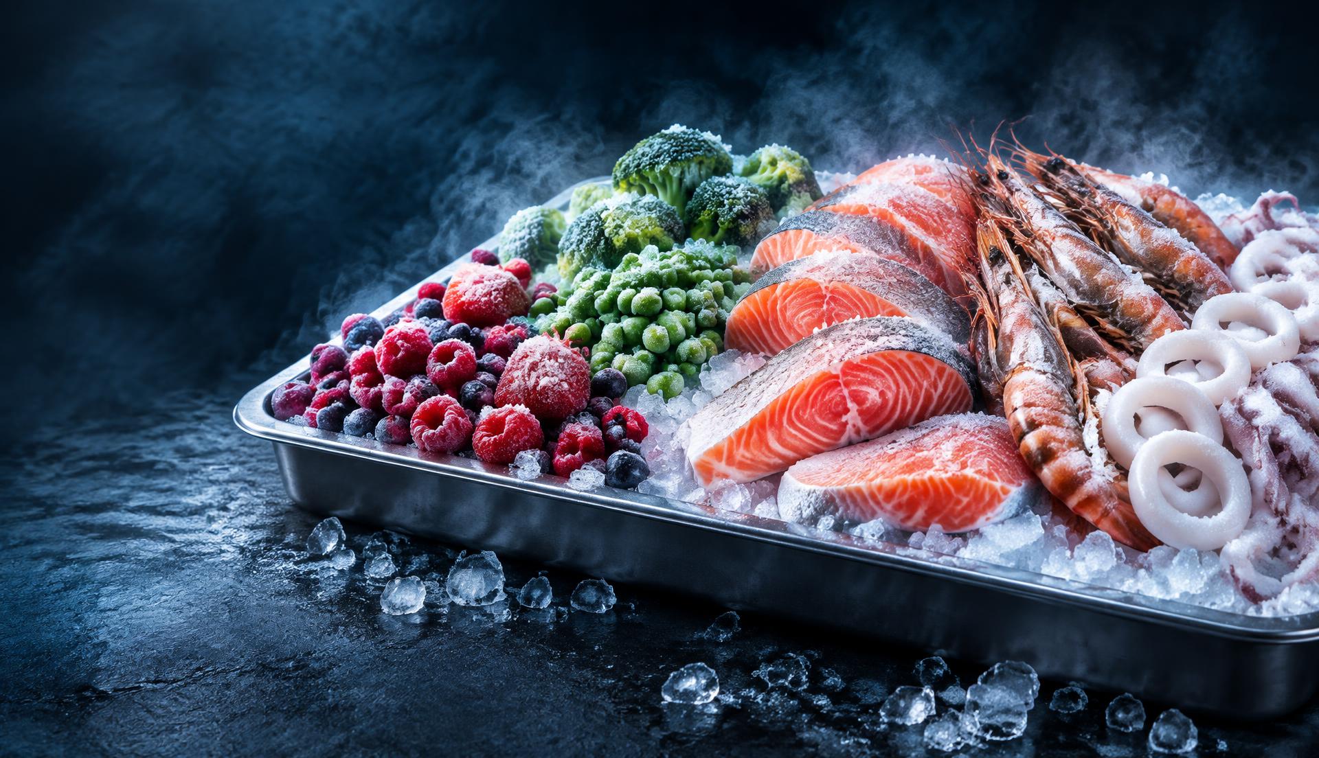 Pește și fructe de mare congelate, fructe și legume IQF, produse de patiserie și carne premium